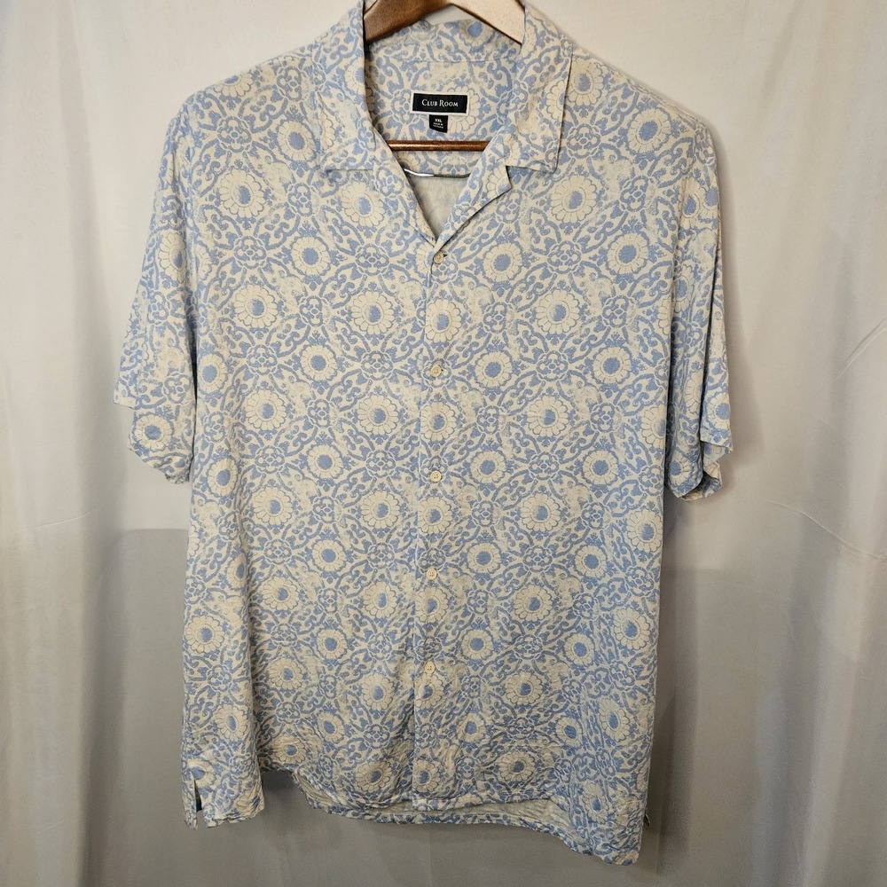 Club Room Mns Short Sleeve Button Down Blue/white XXL Vacation 55% silk Casual